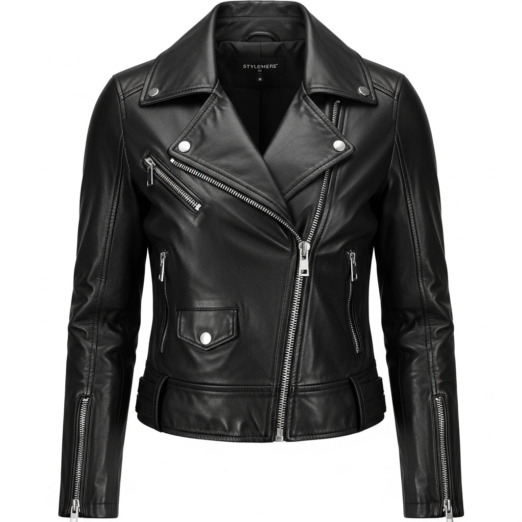 Stylemere Damen Bikerjacke aus Echtleder | Kurze Lederjacke im Cropped-Stil Schließen