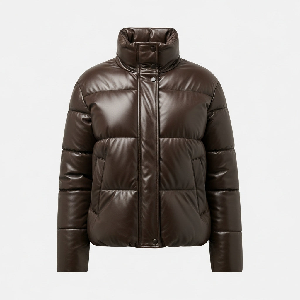 Stylemere Damen Leder Pufferjacke | Warme Steppjacke aus Echtleder Schließen