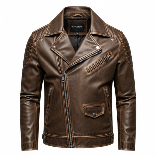 Stylemere Vintage Lederjacke Herren Braun | Robuste Bikerjacke im Used-Look Schließen