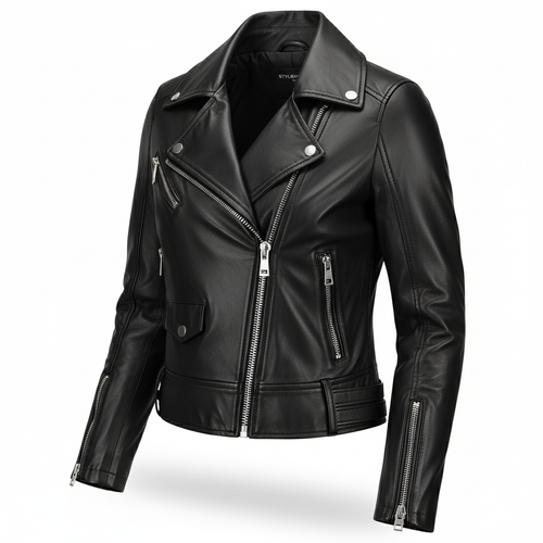 Stylemere Damen Bikerjacke aus Echtleder | Kurze Lederjacke im Cropped-Stil Schließen