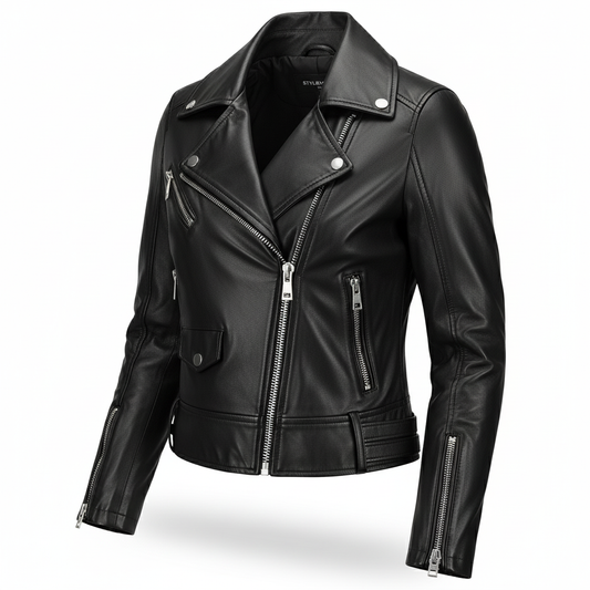 Stylemere Damen Bikerjacke aus Echtleder | Kurze Lederjacke im Cropped-Stil Schließen