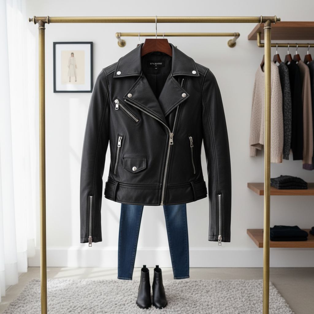 Stylemere Damen Bikerjacke aus Echtleder | Kurze Lederjacke im Cropped-Stil Schließen