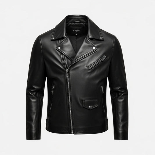 Stylemere Herren Lederjacke Schwarz | Klassische Bikerjacke aus Echtleder Schließen