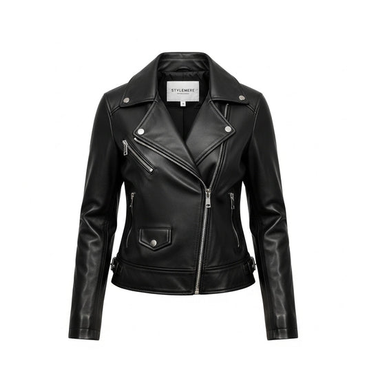 Stylemere Leder Bikerjacke für Damen – Echte Nappaleder Motorradjacke Schwarz Schließen