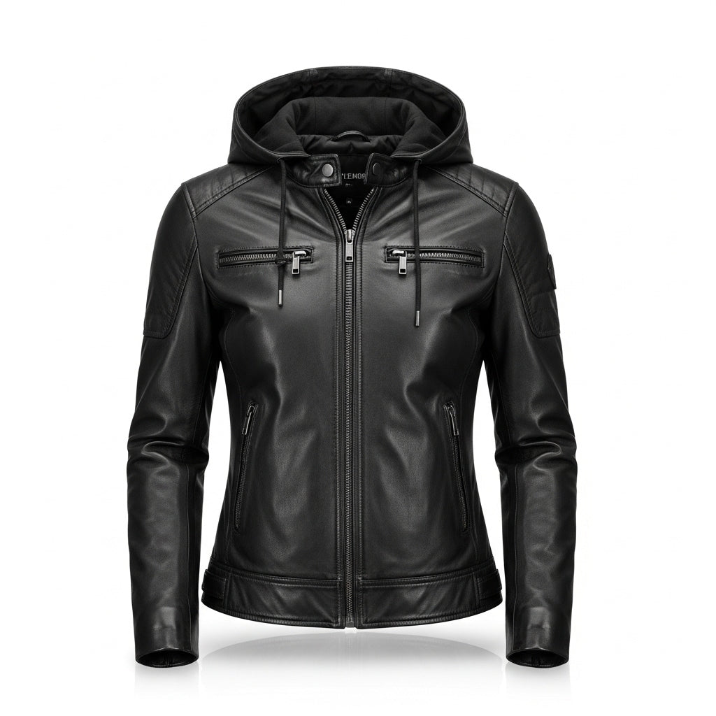 Stylemere 2-in-1 Lederjacke für Damen mit Abnehmbarer Kapuze | Bikerjacke Schließen