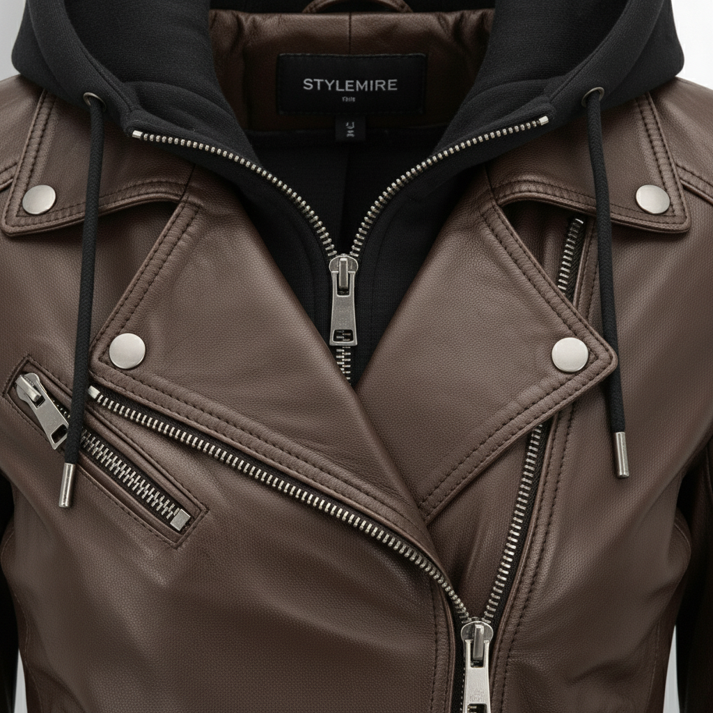 Stylemere Damen Lederjacke mit Abnehmbarer Kapuze | Echtleder Bikerjacke Schließen
