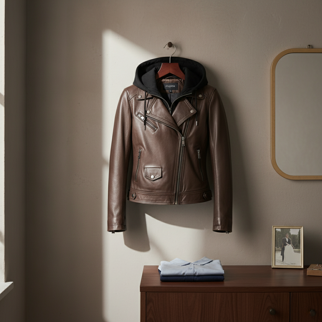 Stylemere Damen Lederjacke mit Abnehmbarer Kapuze | Echtleder Bikerjacke Schließen