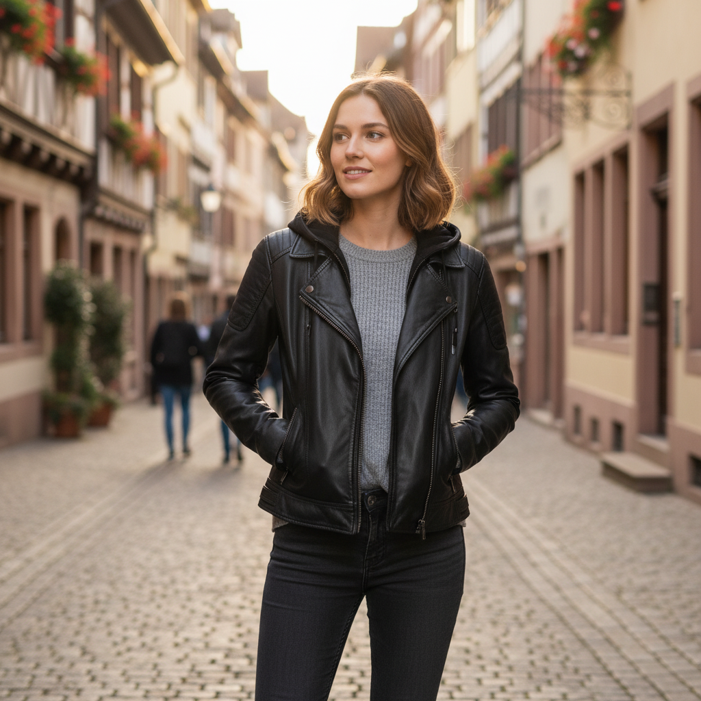 Stylemere 2-in-1 Lederjacke für Damen mit Abnehmbarer Kapuze | Bikerjacke Schließen