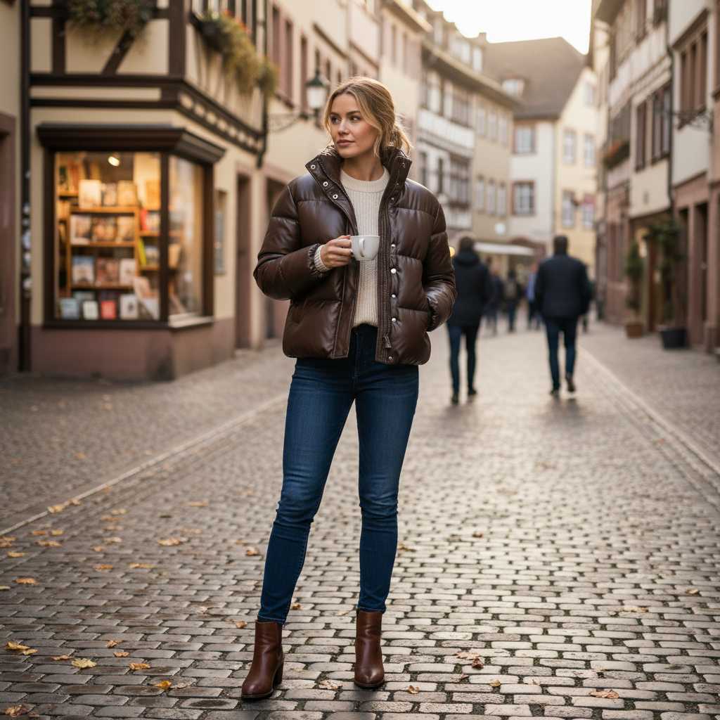 Stylemere Damen Leder Pufferjacke | Warme Steppjacke aus Echtleder Schließen