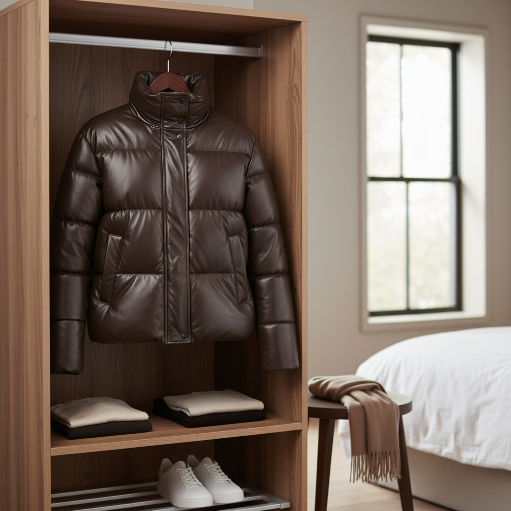 Stylemere Damen Leder Pufferjacke | Warme Steppjacke aus Echtleder Schließen