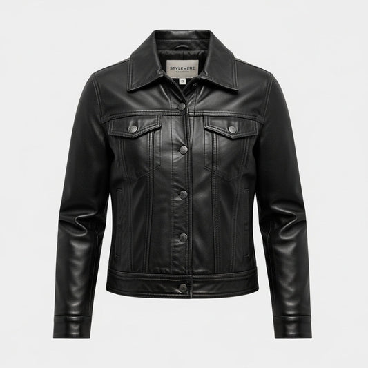 Stylemere Leder Trucker Jacke für Damen | Klassische Übergangsjacke Echtleder Schließen