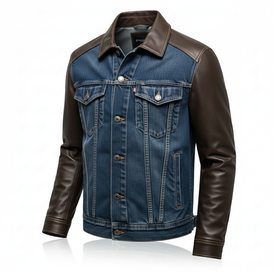 Stylemere Herren Leder-Jeansjacke | Robuste Übergangsjacke aus Denim & Leder Schließen