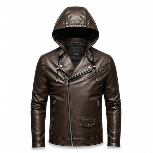 Stylemere Herren Lederjacke mit Kapuze | Lässige Bikerjacke aus Echtleder Schließen