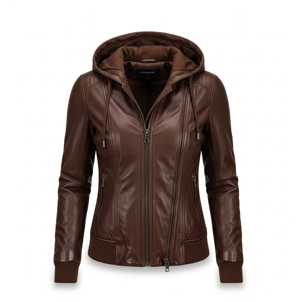 Stylemere Damen Lederjacke mit Kapuze aus Echtleder | Casual Bikerjacke Schließen