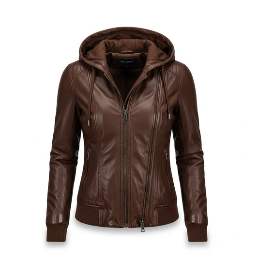 Stylemere Damen Lederjacke mit Kapuze aus Echtleder | Casual Bikerjacke Schließen