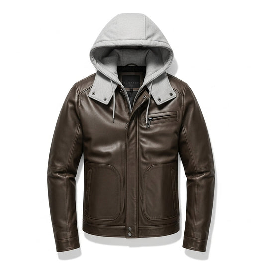 Stylemere Herren Lederjacke Klassisch mit Abnehmbarer Kapuze - Echtleder Schließen