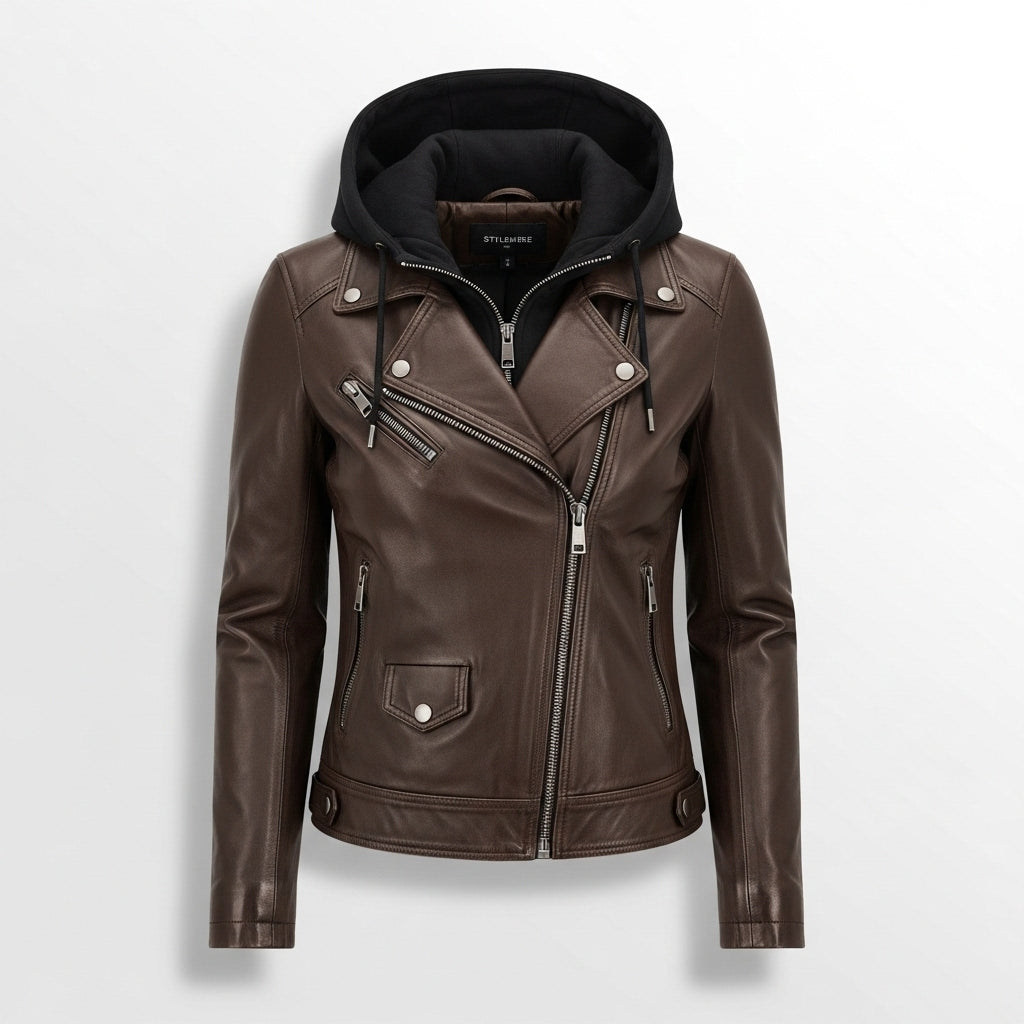 Stylemere Damen Lederjacke mit Abnehmbarer Kapuze | Echtleder Bikerjacke Schließen