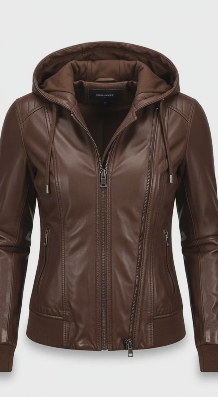 Stylemere Damen Lederjacke mit Kapuze aus Echtleder | Casual Bikerjacke Schließen