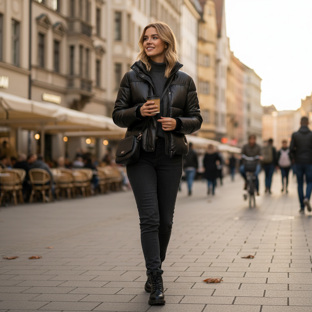 Stylemere Damen Leder Pufferjacke - Winterjacke aus Echtleder, Schwarz Schließen